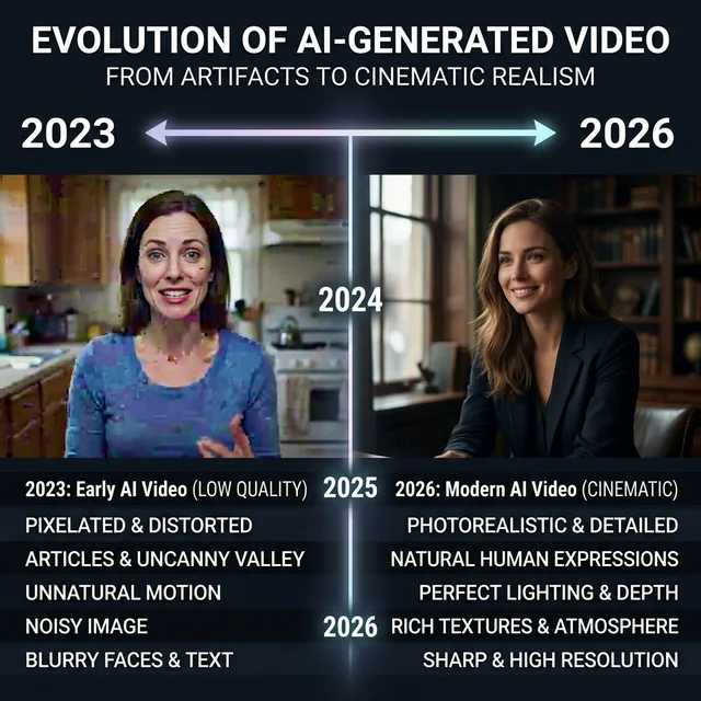 Evolution of AI-generated video quality from 2023 to 2026 showing side-by-side comparison