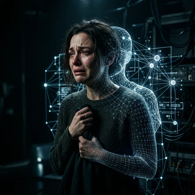 AI-generated digital actor in emotional scene with visible wireframe revealing artificial nature