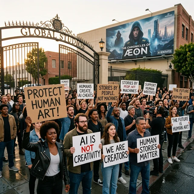 Hollywood actors and filmmakers protesting against AI replacement outside a studio