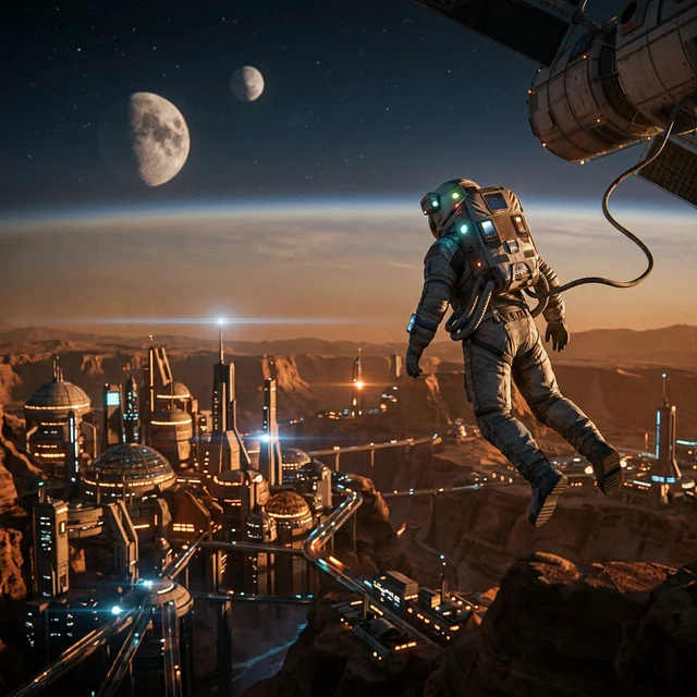 Cinematic scene generated entirely by artificial intelligence showing astronaut floating above futuristic city on Mars