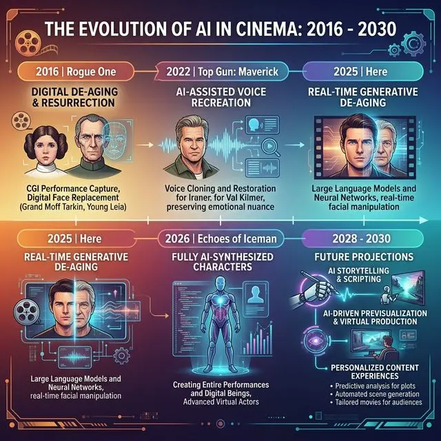 Timeline of AI evolution in cinema — from synthetic voices to fully digital actors