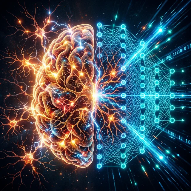Visual comparison between biological human brain with 86 billion neurons in warm colors and artificial neural network with interconnected nodes in electric blue