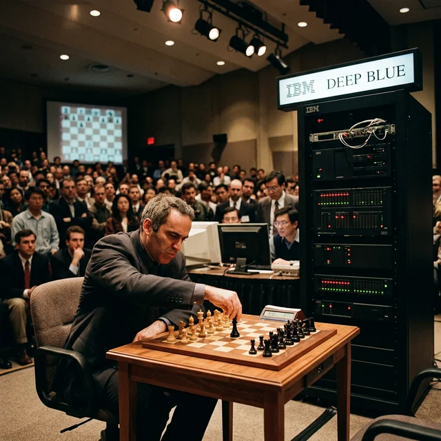 Garry Kasparov facing IBM's Deep Blue in 1997, packed audience watching the historic moment