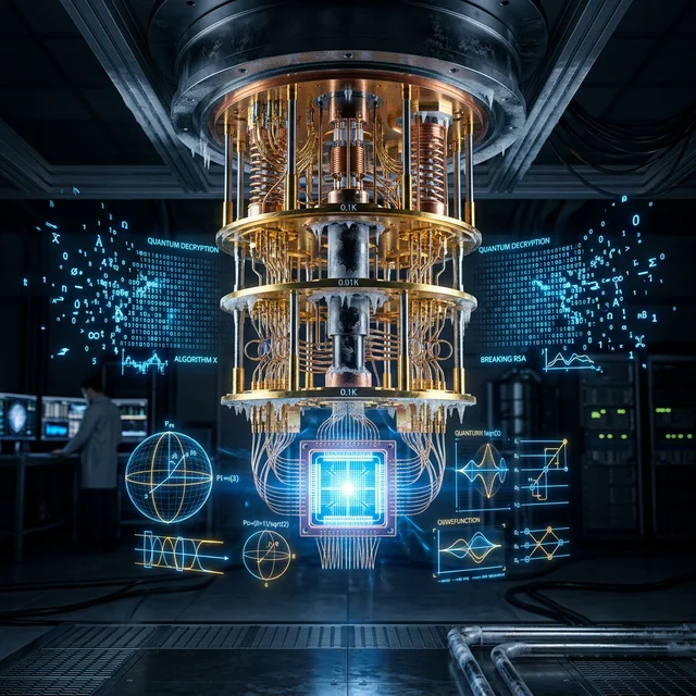 Quantum computer with qubit processor suspended in golden dilution refrigerator, holographic displays showing quantum states and decryption algorithms