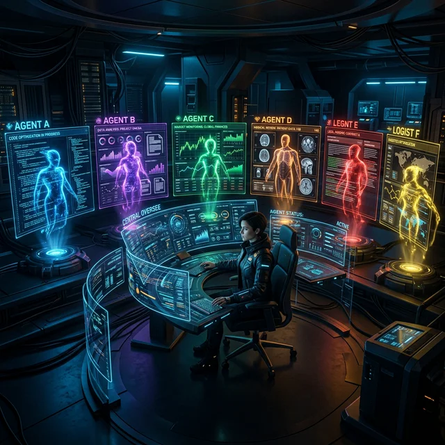 Futuristic command center with multiple autonomous AI agents working simultaneously while a human operator monitors everything from a central holographic panel