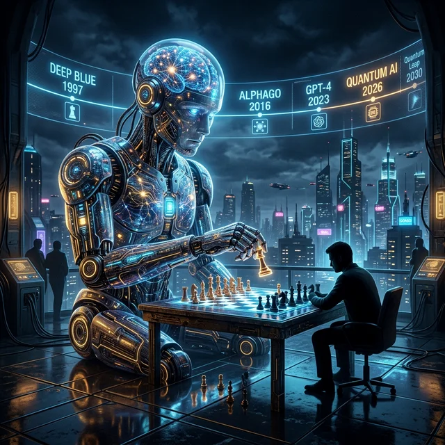 Giant AI robot made of neural networks plays chess against a human silhouette with historical timeline in the background: Deep Blue 1997, AlphaGo 2016, GPT-4 2023, Quantum AI 2026