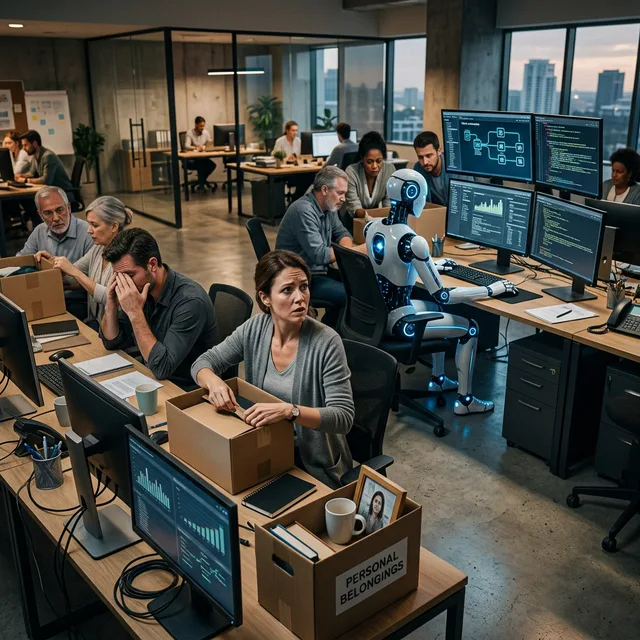 Trabalhadores preocupados em escritório enquanto robô de IA assume tarefas
