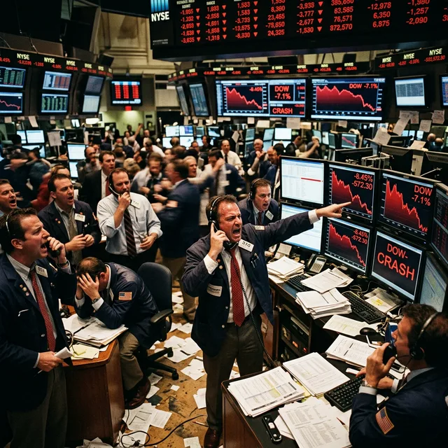 Pregão de Wall Street em caos com traders em pânico diante de telas vermelhas