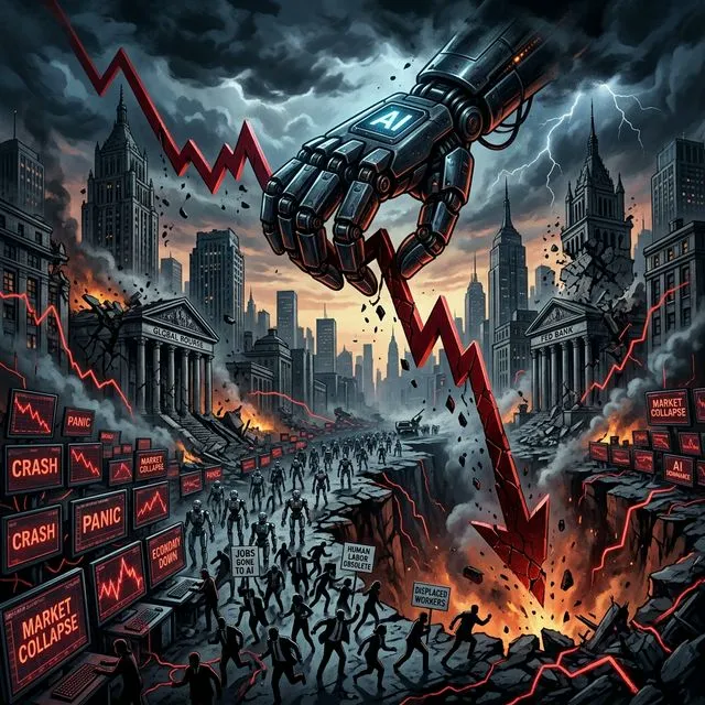 Contraste entre cidade futurista próspera e fila de desempregados em centro de emprego