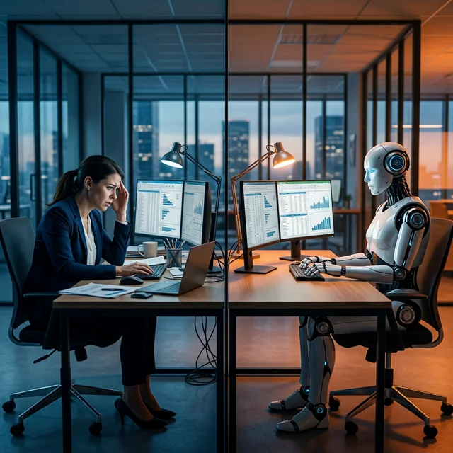 Worried worker at desk while AI robot does the same work perfectly at adjacent desk