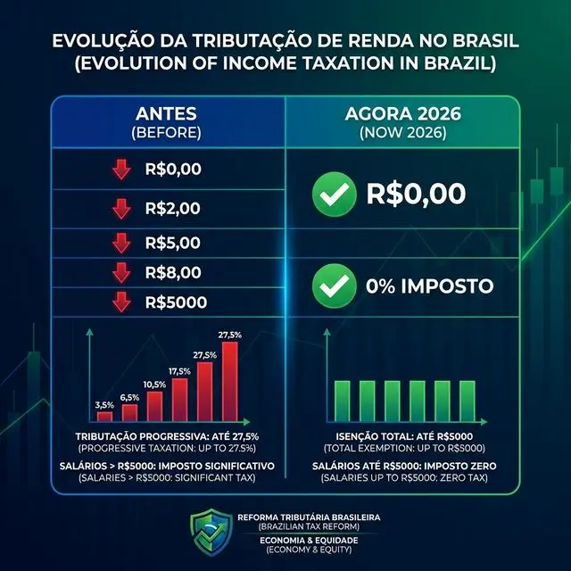 Infográfico comparando as alíquotas do Imposto de Renda antes e depois da reforma de 2026, mostrando a evolução da tributação progressiva para a isenção total até R$5.000