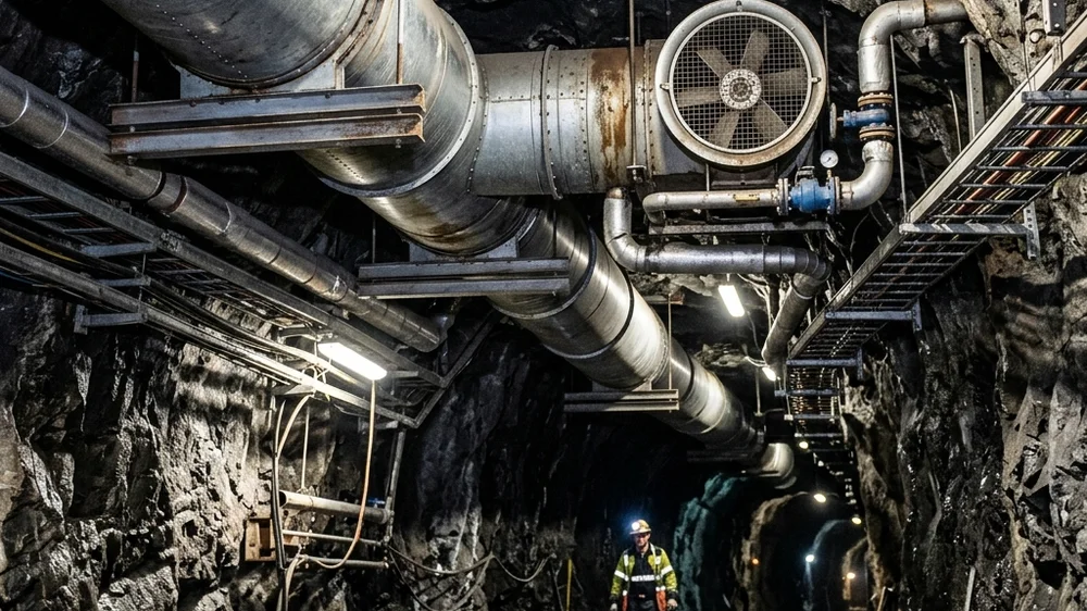 Infraestructura de refrigeración y ventilación: Conductos que transportan aire refrigerado a 28 grados Celsius a los túneles más profundos Infraestructura de refrigeración y ventilación