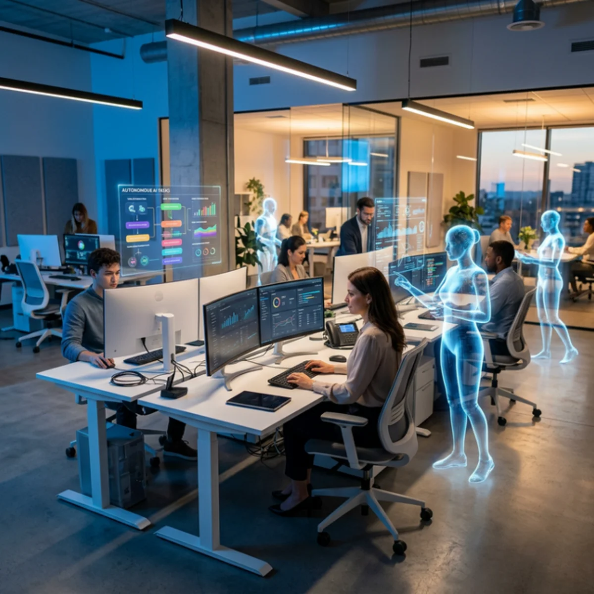 Modern office where humans work alongside holographic AI digital assistants