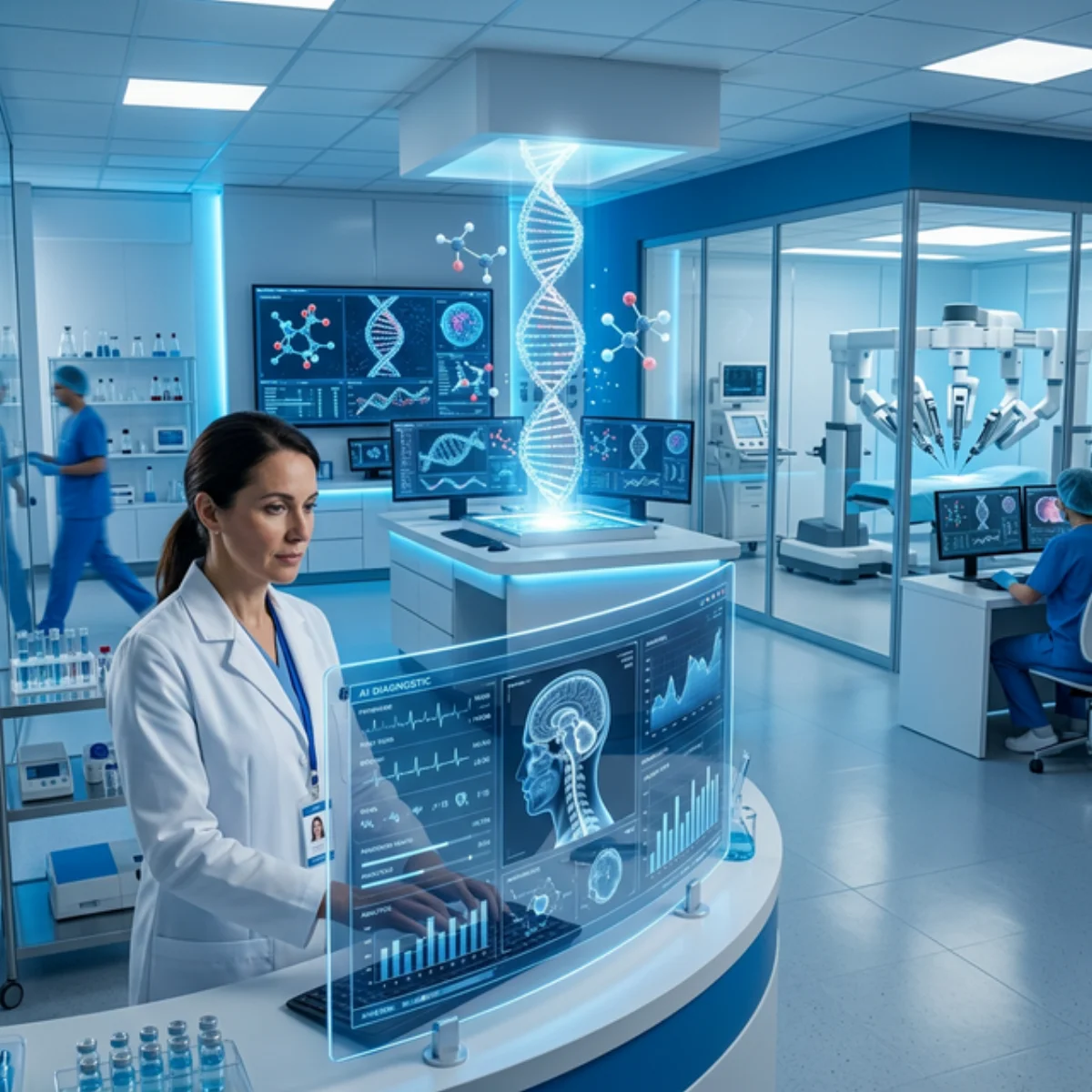 Futuristic medical lab with AI analyzing patient data, DNA and robotic surgery
