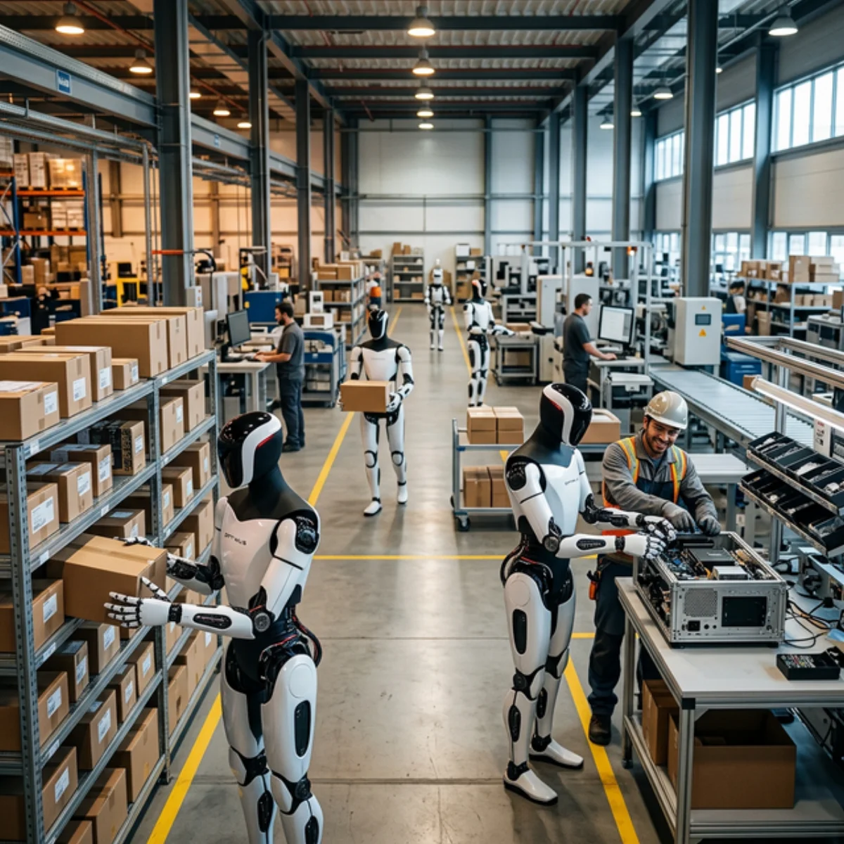 Humanoid robots working in modern warehouse alongside humans