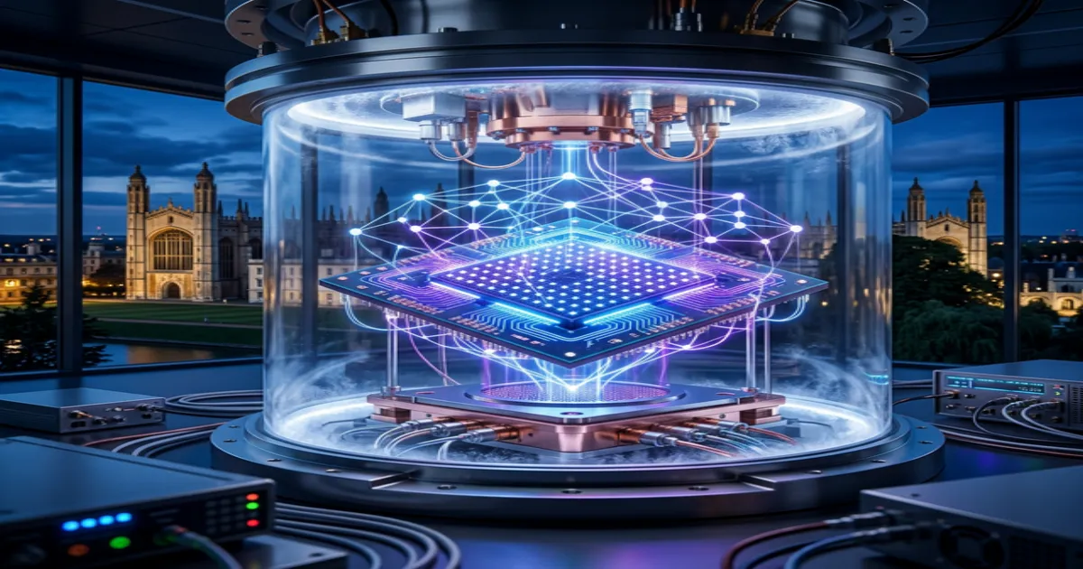 Processador quântico de 256 qubits da IonQ em câmara criogênica com as torres de Cambridge ao fundo