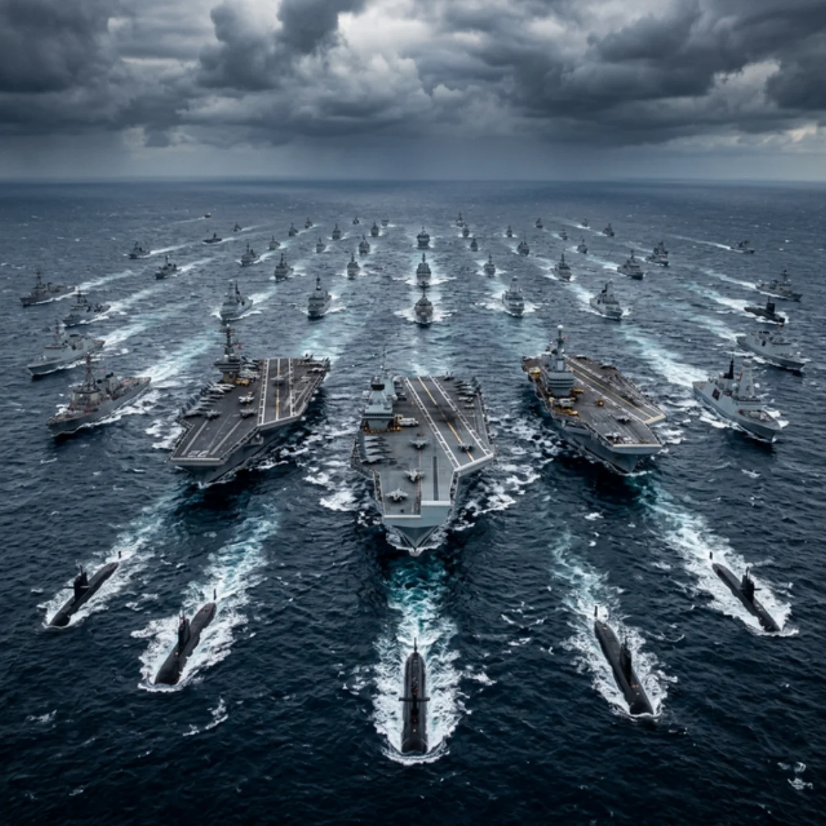 Frota naval massiva com porta-aviões, contratorpedeiros e submarinos de múltiplas nações converging no oceano