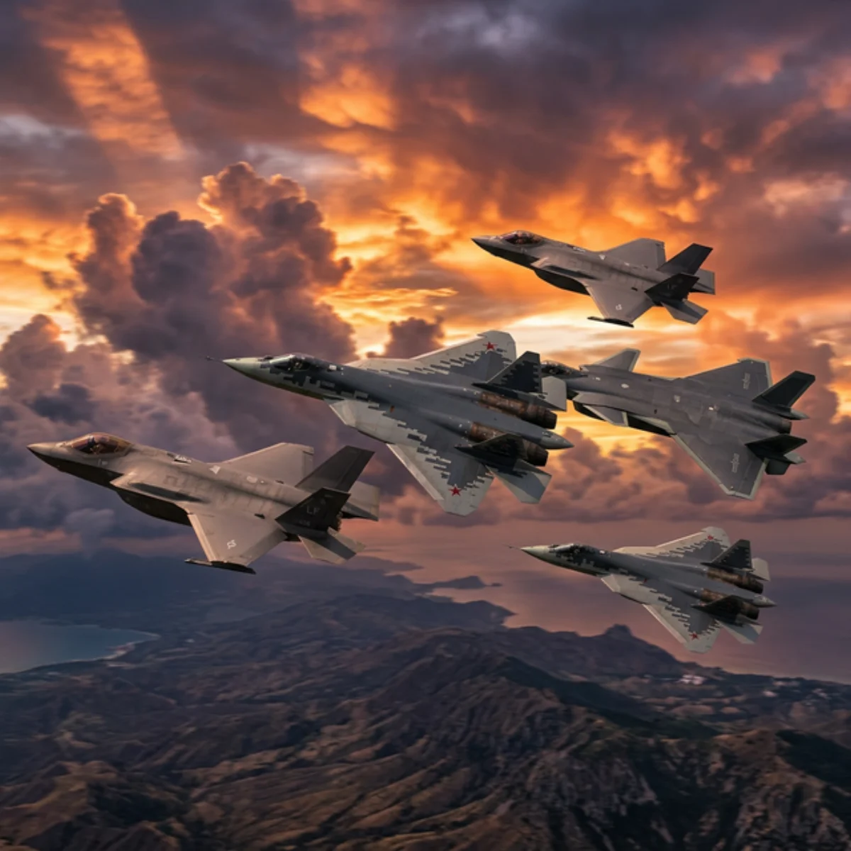 Formação de caças avançados voando em formação dramática contra o pôr do sol