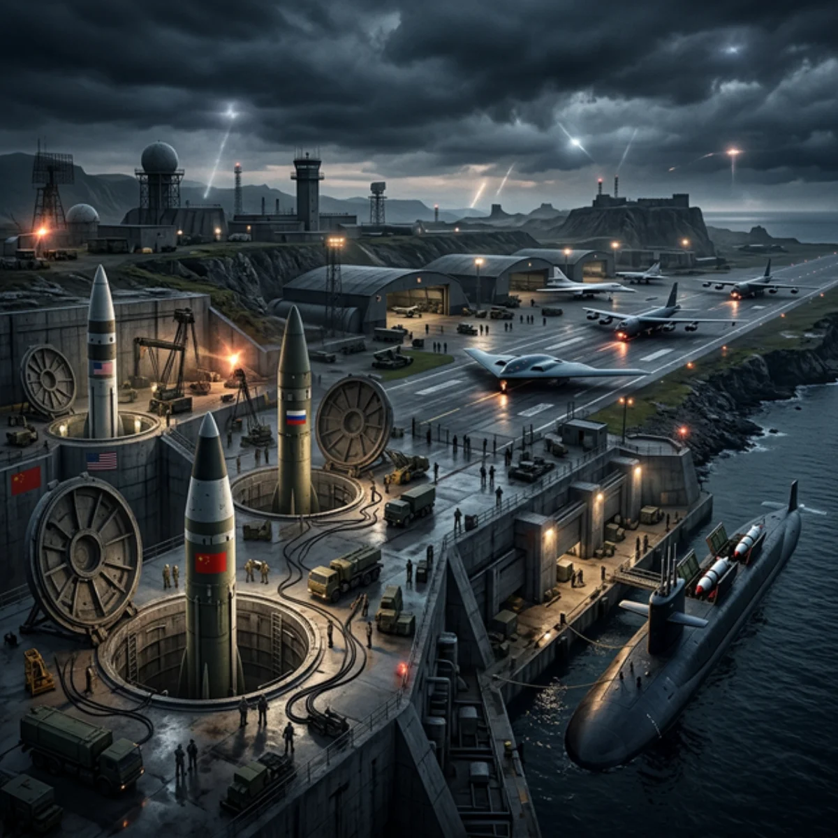 Silos de mísseis ICBM, bombardeiros estratégicos e submarinos nucleares em base militar sombria