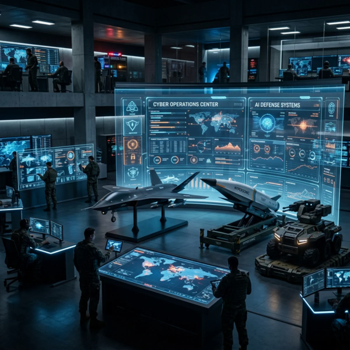 Centro de operações de guerra cibernética futurista com drones, mísseis hipersônicos e sistemas de IA