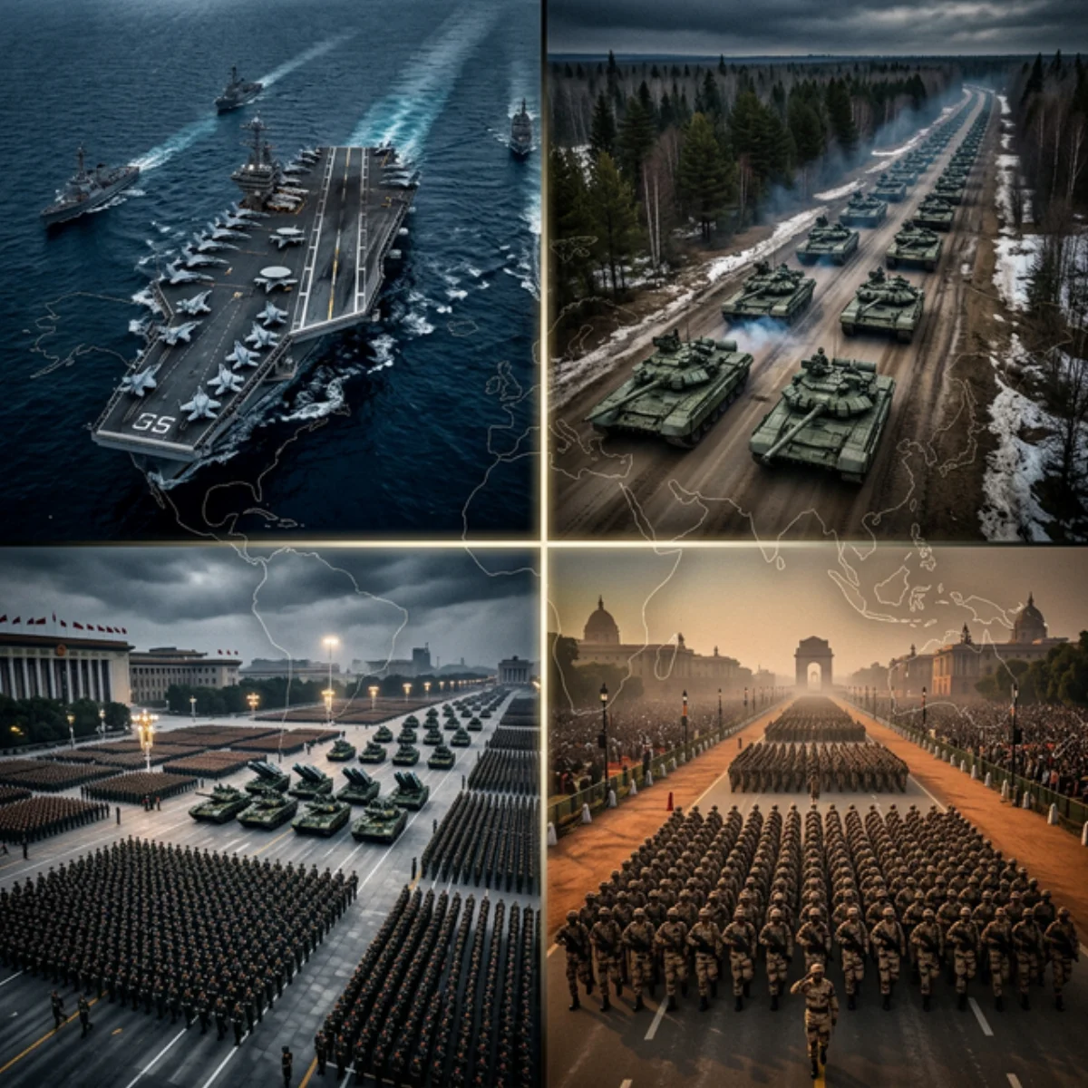 As quatro maiores potências militares do mundo: porta-aviões americano, tanques russos, desfile militar chinês e formação indiana