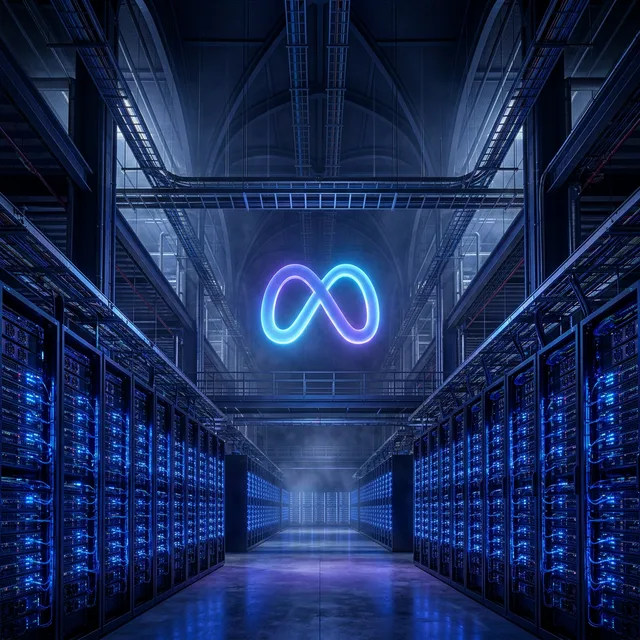 Data center futurista com servidores AMD brilhando em azul e o holograma do logo da Meta