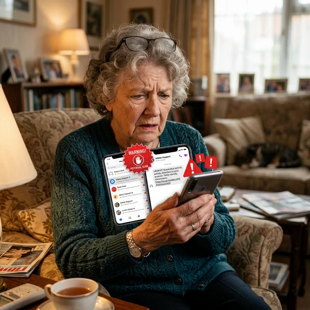 Elderly person concerned while looking at phone with suspicious messages