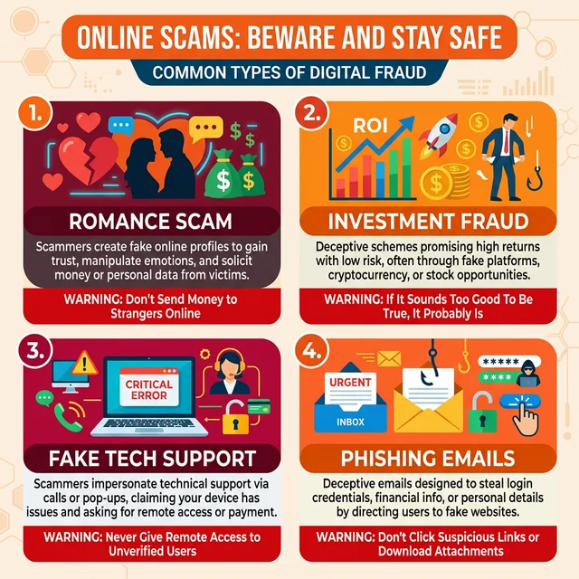 Infographic showing the most common types of online scams
