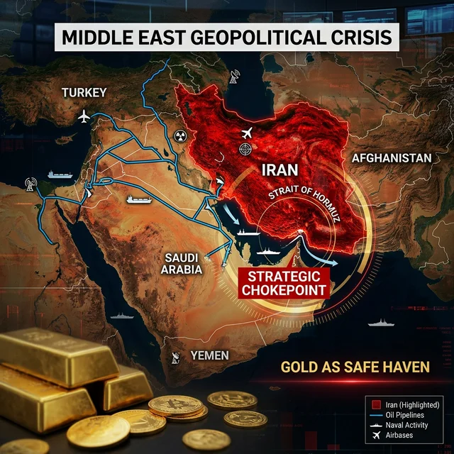 Mapa geopolítico do Oriente Médio com Irã destacado, rotas de petróleo e barras de ouro como porto seguro