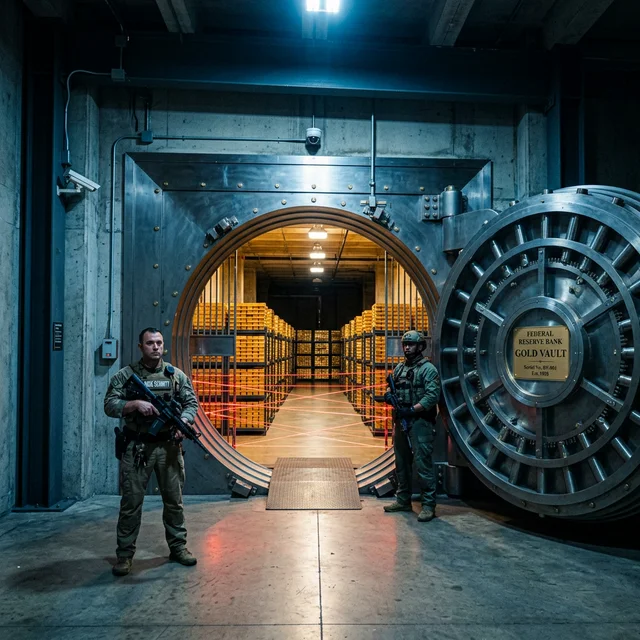 Cofre de banco central com milhares de barras de ouro empilhadas e guardas armados