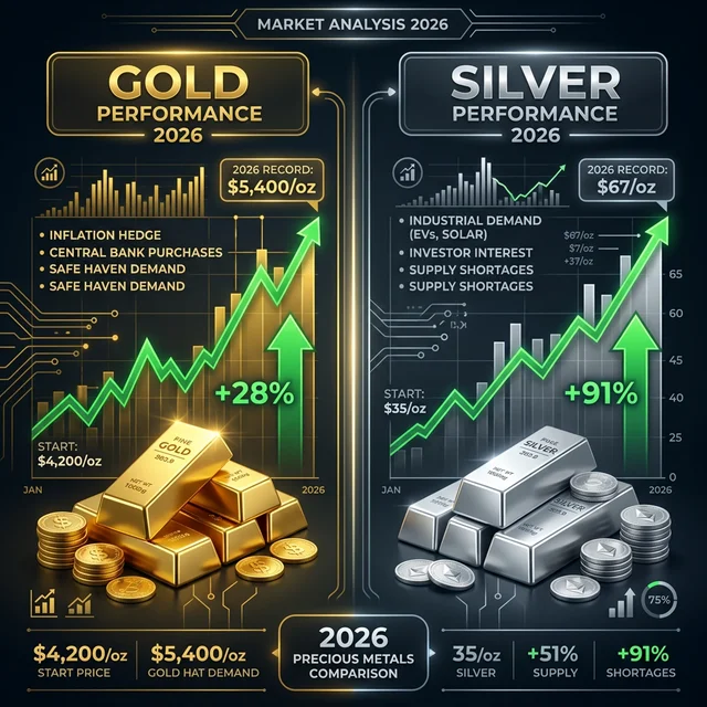 Comparação infográfica entre ouro a US$ 5.400/oz (+28%) e prata a US$ 67/oz (+91%) em 2026