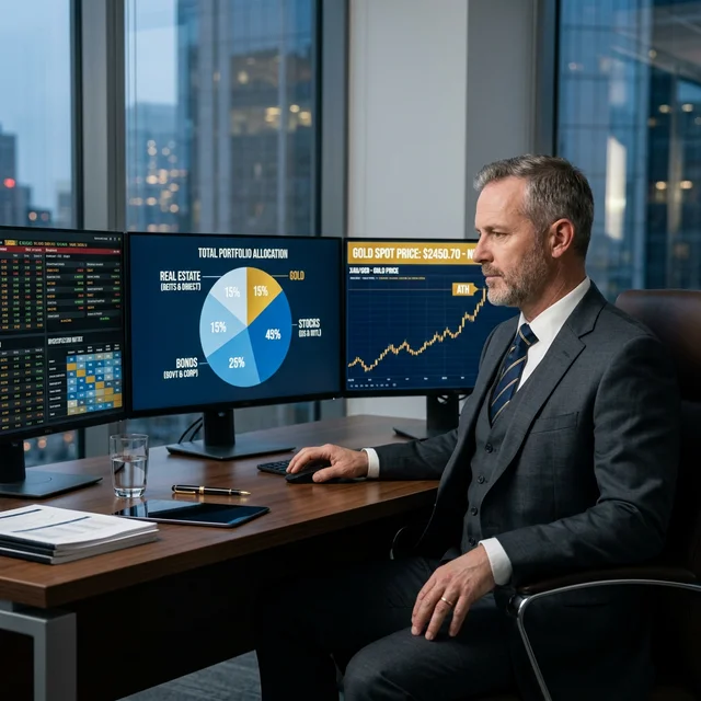Investidor profissional revisando portfólio diversificado com alocação em ouro em escritório corporativo