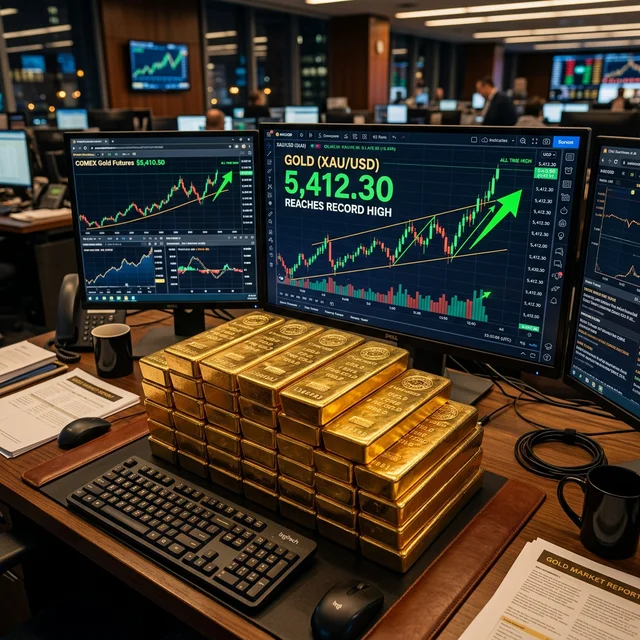Barras de ouro empilhadas em mesa de trading com telas mostrando cotação recorde de US$ 5.412/oz