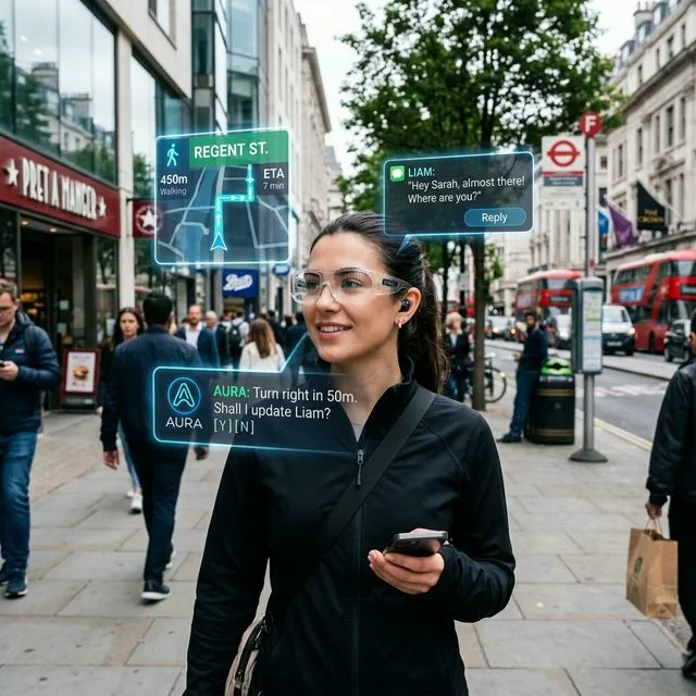 Pessoa usando óculos inteligentes com interface AR na rua mostrando navegação e mensagens
