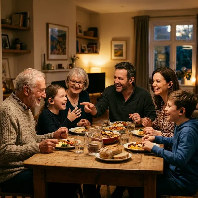 Família jantando e interagindo sem smartphones, usando dispositivos vestíveis discretos