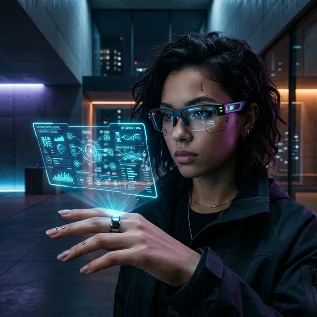 Pessoa usando anel inteligente e óculos com IA projetando interface holográfica