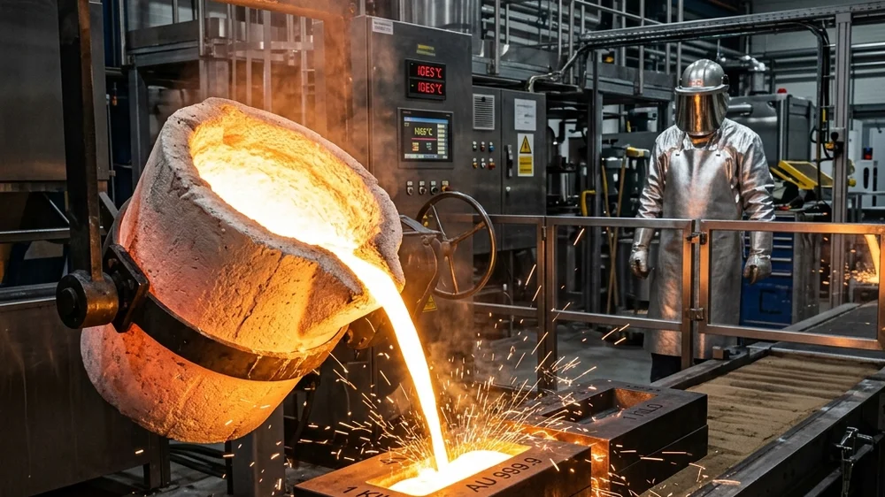 Planta metalúrgica de refino: Procesamiento químico del mineral extraído para obtener oro líquido purificado Planta metalúrgica de refino
