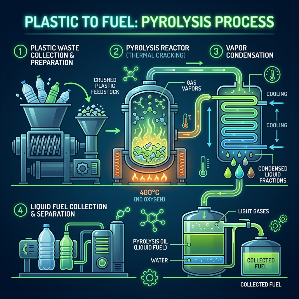 Diagrama do processo de pirólise para converter plástico em combustível