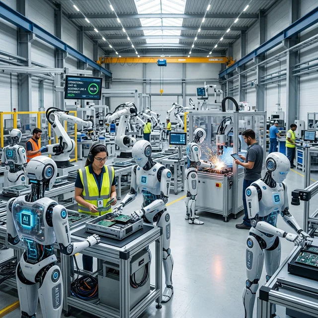 Modern factory with autonomous humanoid robots working alongside humans