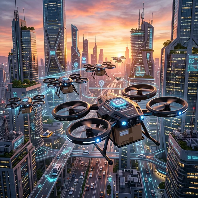 Autonomous delivery drones flying over smart city at sunset