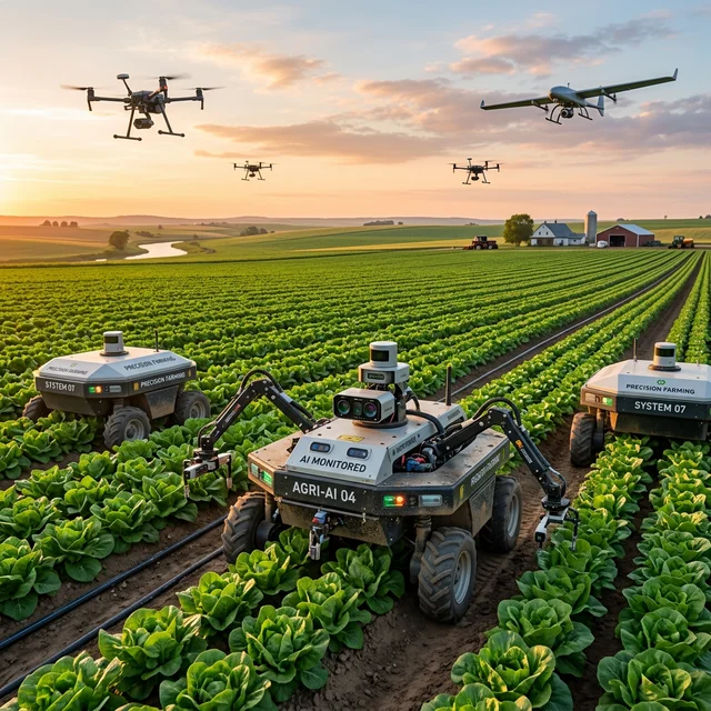 Autonomous agricultural robots working in green field with drones