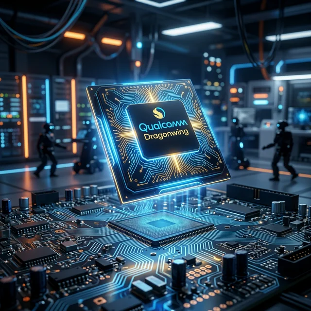 Qualcomm Dragonwing processor glowing with blue and gold circuits
