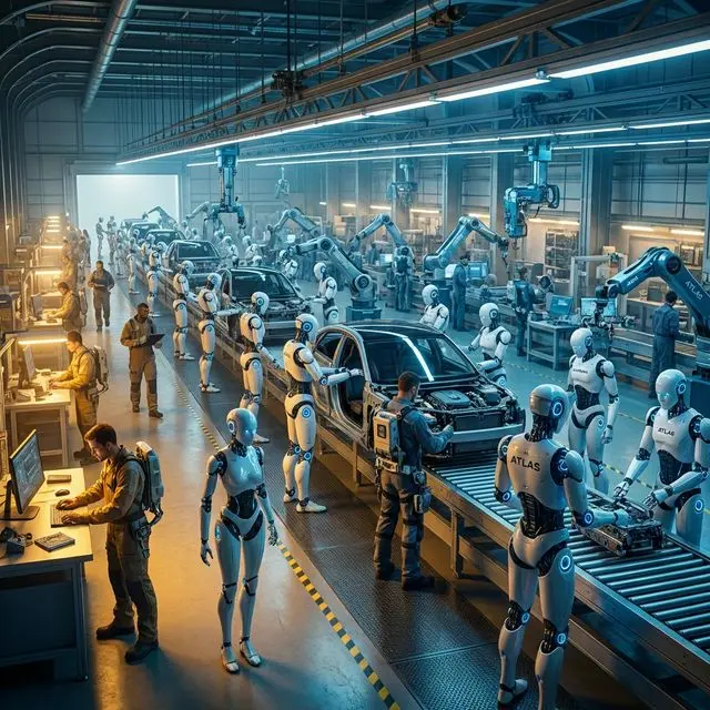 Robots humanoides trabajando junto a humanos en una línea de ensamblaje moderna, demostrando la coexistencia de automatización y trabajo humano en la industria