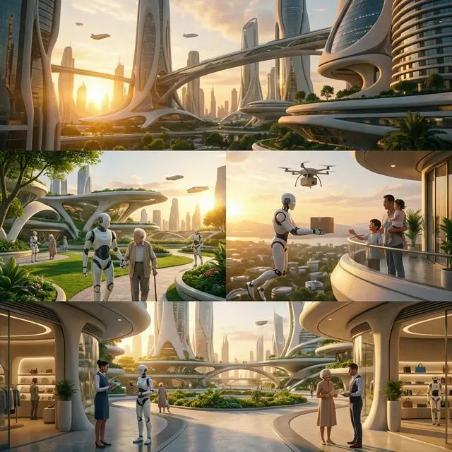 Visión futurista de ciudades con robots humanoides integrados en la vida cotidiana: asistiendo a ancianos, haciendo entregas y trabajando en el comercio junto a humanos en armonía