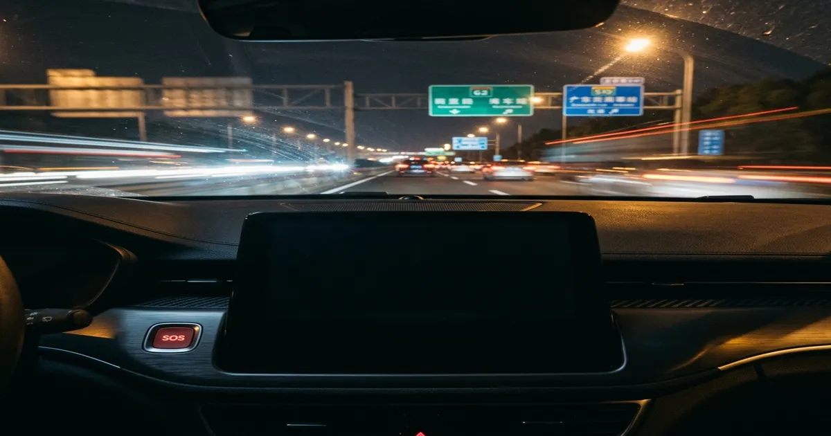 Interior de robotáxi com painel apagado e botão SOS não responsivo