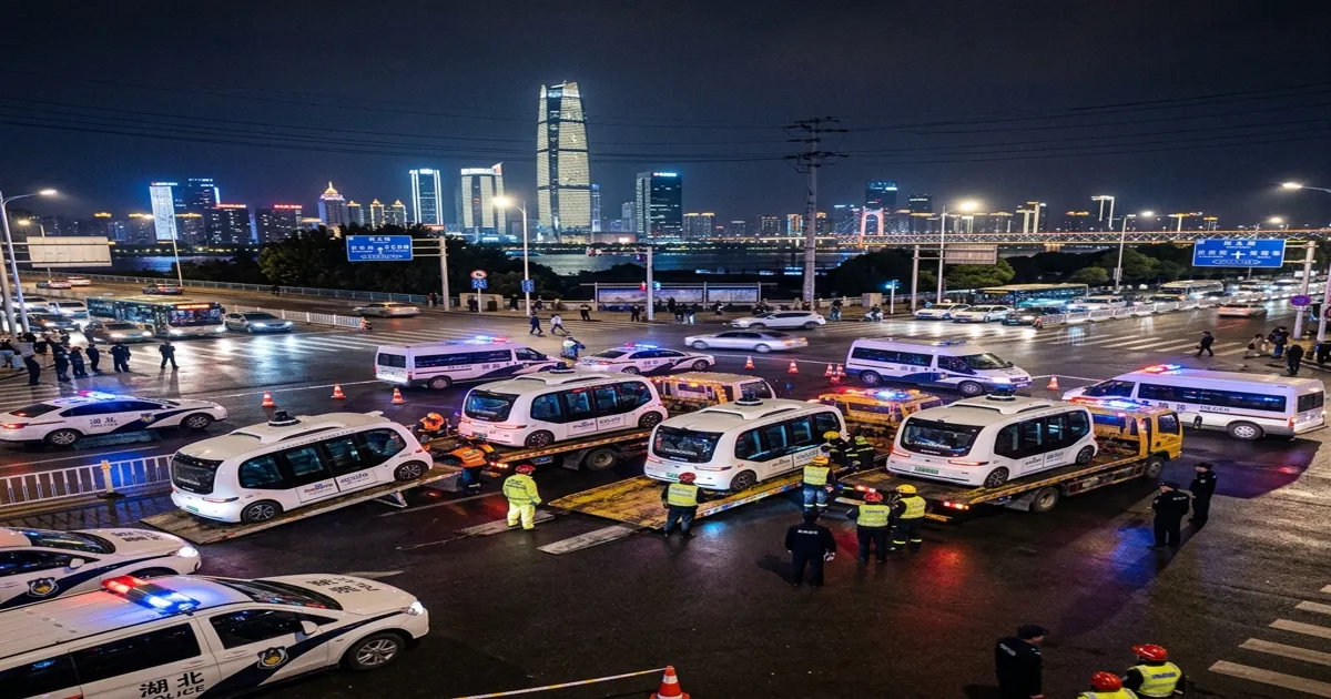 Equipes de resgate rebocando robotáxis em cruzamento de Wuhan