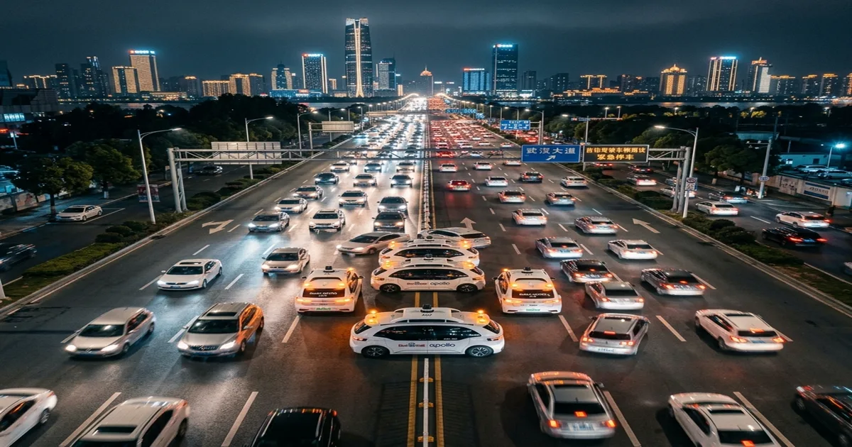 Dezenas de robotáxis Apollo Go parados no trânsito noturno de Wuhan