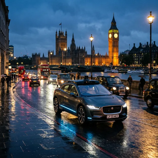 Robotáxi autônomo Wayve nas ruas de Londres ao entardecer com Big Ben ao fundo