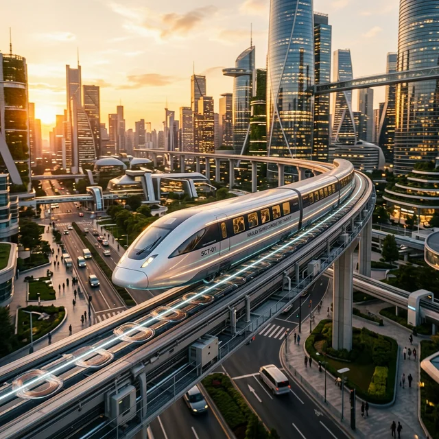 Futuristic maglev train levitating over superconducting tracks in a city of the future