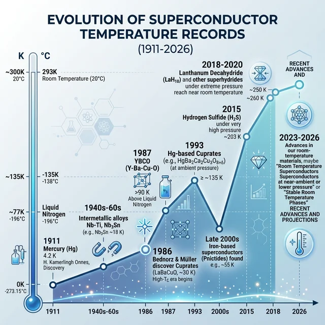 Evolution of superconductor temperature records from 1911 to 2026